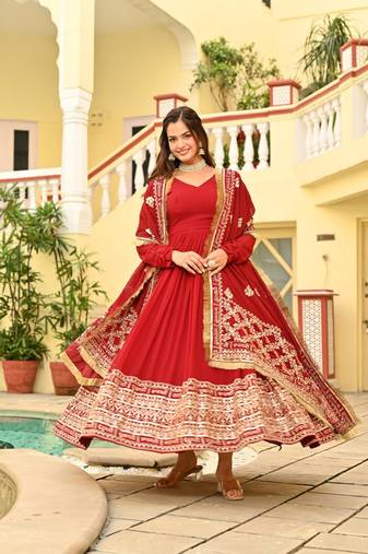Red Faux Georgette Wedding Wear Embroidery Work Long Gown