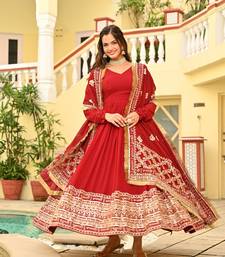 Red Faux Georgette Wedding Wear Embroidery Work Long Gown