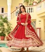 Red Faux Georgette Wedding Wear Embroidery Work Long Gown