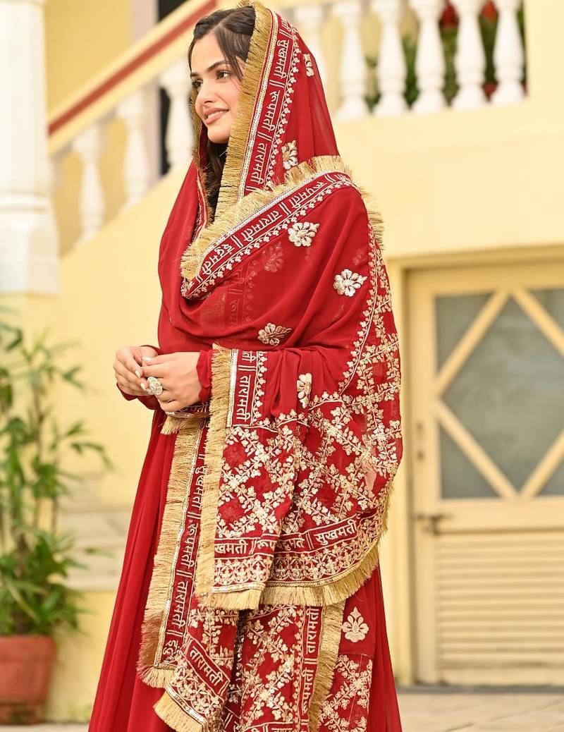 Red Faux Georgette Wedding Wear Embroidery Work Long Gown