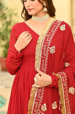 Red Faux Georgette Wedding Wear Embroidery Work Long Gown 5
