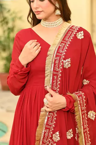 Red Faux Georgette Wedding Wear Embroidery Work Long Gown