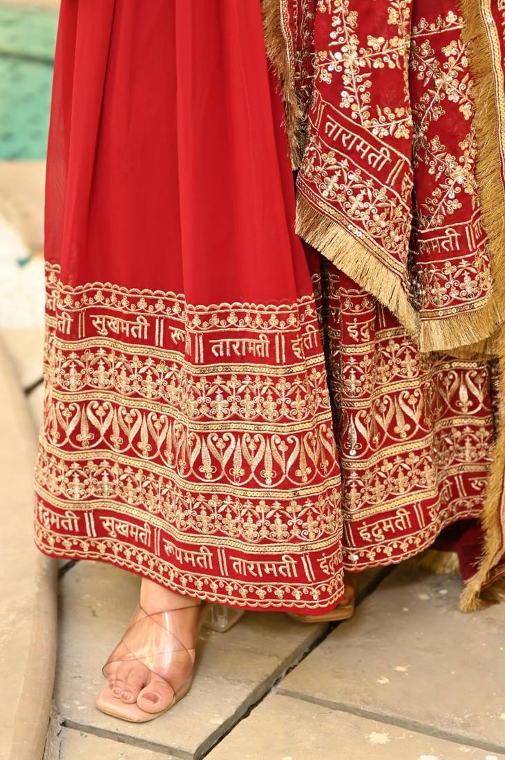 Red Faux Georgette Wedding Wear Embroidery Work Long Gown