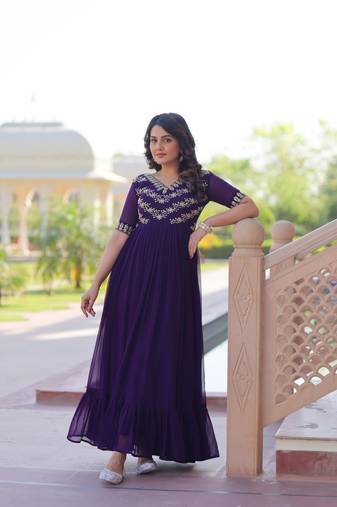 Purple Color Faux georgette Party Wear Hand Embroidery Work Long Gown
