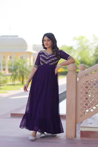 Purple Color Faux georgette Party Wear Hand Embroidery Work Long Gown