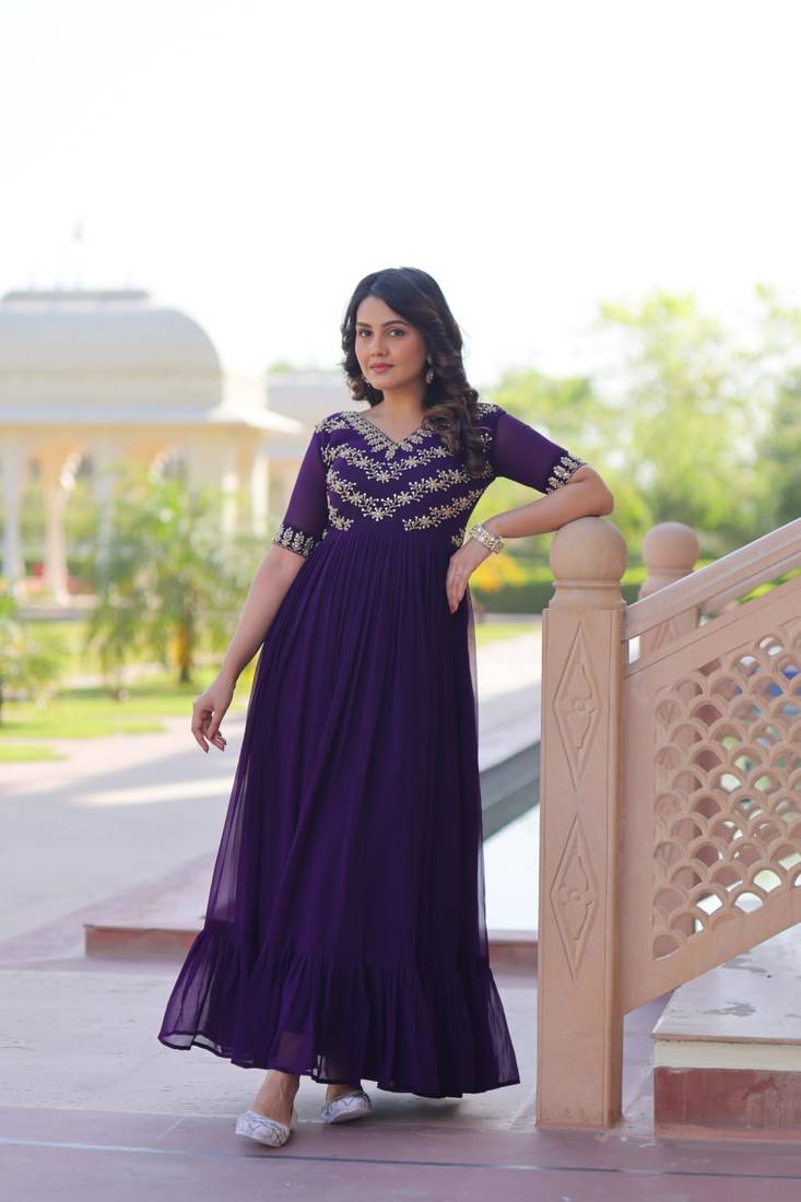 Purple Color Faux georgette Party Wear Hand Embroidery Work Long Gown