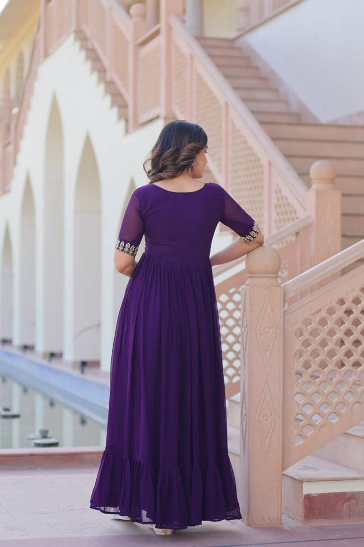 Purple Color Faux georgette Party Wear Hand Embroidery Work Long Gown