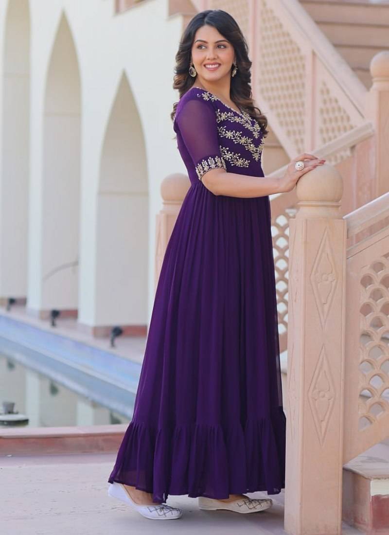 Purple Color Faux georgette Party Wear Hand Embroidery Work Long Gown