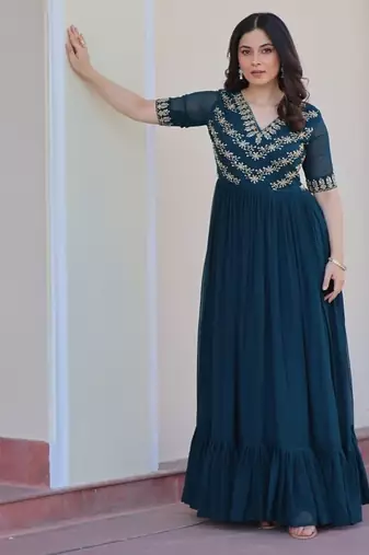 Rama Faux georgette Party Wear Hand Embroidery Work Long Gown