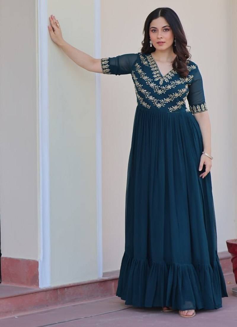Rama Faux georgette Party Wear Hand Embroidery Work Long Gown