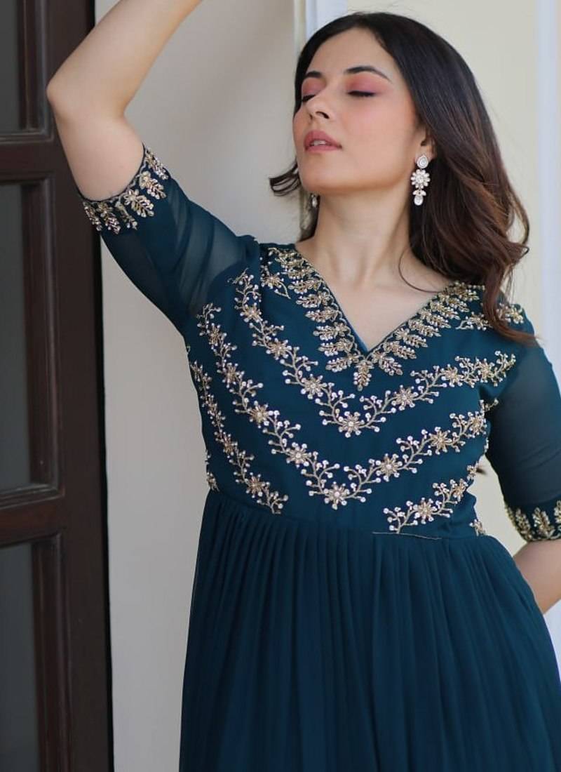 Rama Faux georgette Party Wear Hand Embroidery Work Long Gown