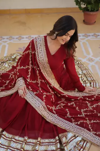 Maroon Faux Georgette Wedding Wear Long Gown