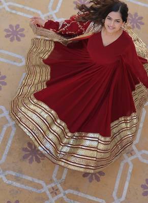 Maroon Faux Georgette Wedding Wear Long Gown 4