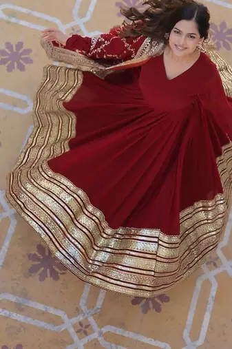 Maroon Faux Georgette Wedding Wear Long Gown