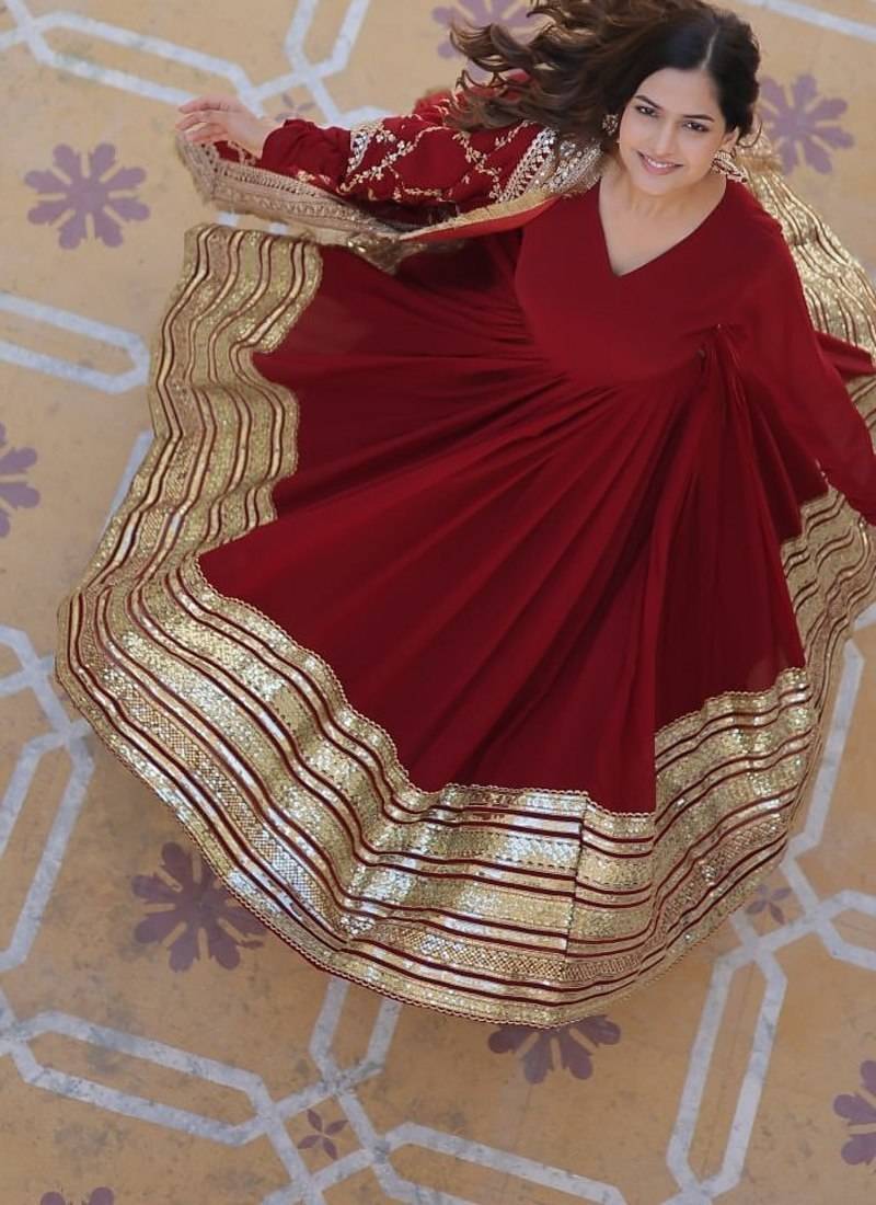 Maroon Faux Georgette Wedding Wear Long Gown