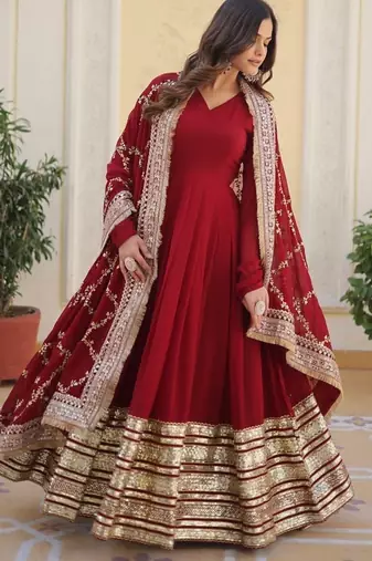 Maroon Faux Georgette Wedding Wear Long Gown