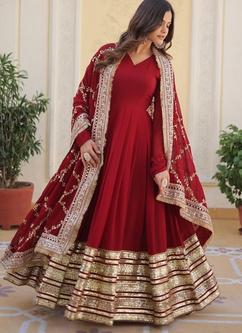 Maroon Faux Georgette Wedding Wear Long Gown