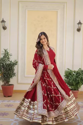 Maroon Faux Georgette Wedding Wear Long Gown