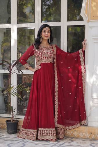 Maroon Color Faux Georgette Wedding Wear Long Gown