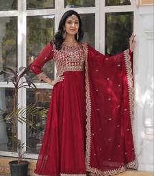 Maroon Faux Georgette Wedding Wear Long Gown