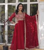 Maroon Color Faux Georgette Wedding Wear Long Gown