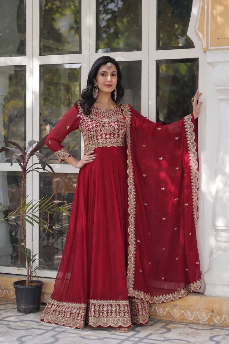 Maroon Color Faux Georgette Wedding Wear Long Gown