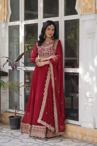 Maroon Faux Georgette Wedding Wear Long Gown