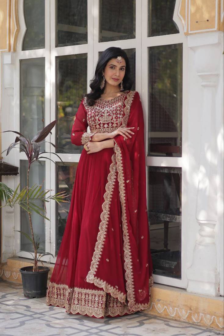 Maroon Color Faux Georgette Wedding Wear Long Gown