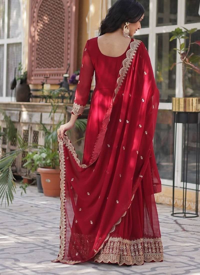 Maroon Color Faux Georgette Wedding Wear Long Gown