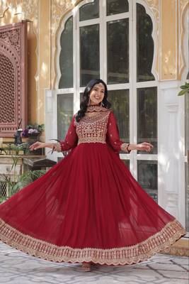 Maroon Faux Georgette Wedding Wear Long Gown 4