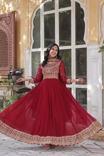 Maroon Faux Georgette Wedding Wear Long Gown