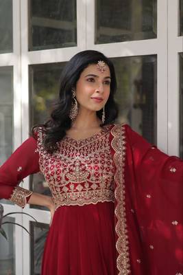 Maroon Faux Georgette Wedding Wear Long Gown 5