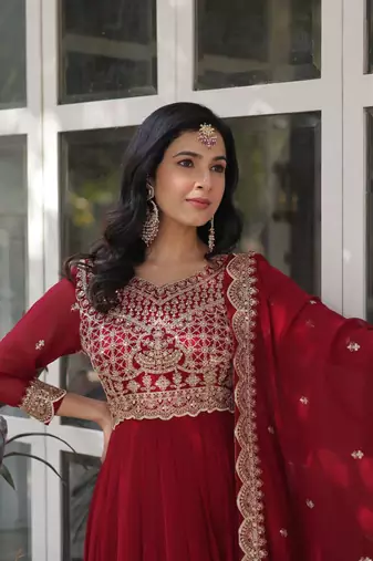 Maroon Faux Georgette Wedding Wear Long Gown