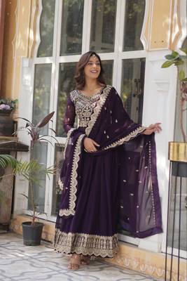 Wine Faux Georgette Wedding Wear Long Gown 1