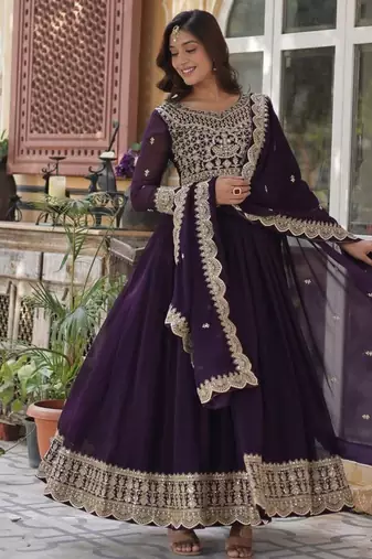Wine Faux Georgette Wedding Wear Long Gown