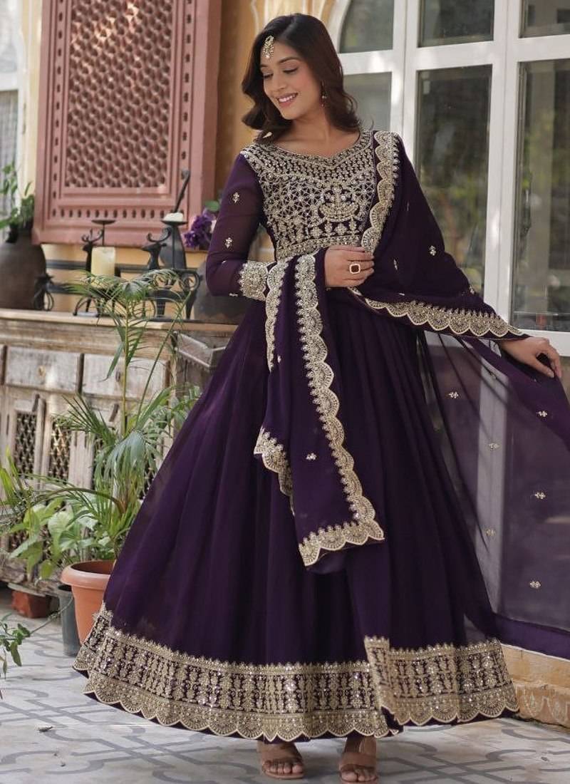 Wine Faux Georgette Wedding Wear Long Gown