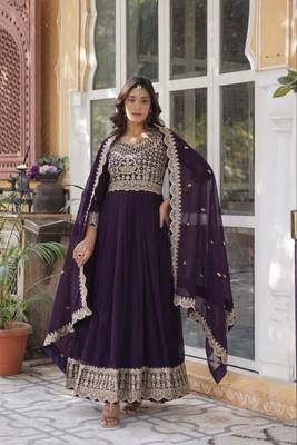 Wine Faux Georgette Wedding Wear Long Gown 5