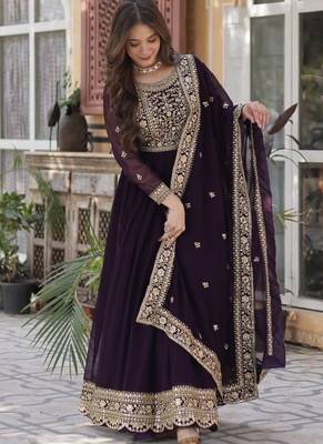 Wine Faux Georgette Wedding Wear Long Gown 2
