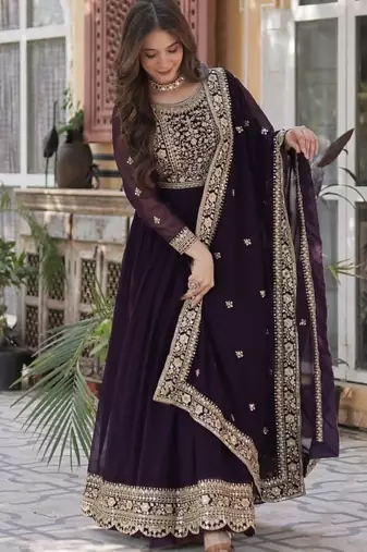 Wine Faux Georgette Wedding Wear Long Gown