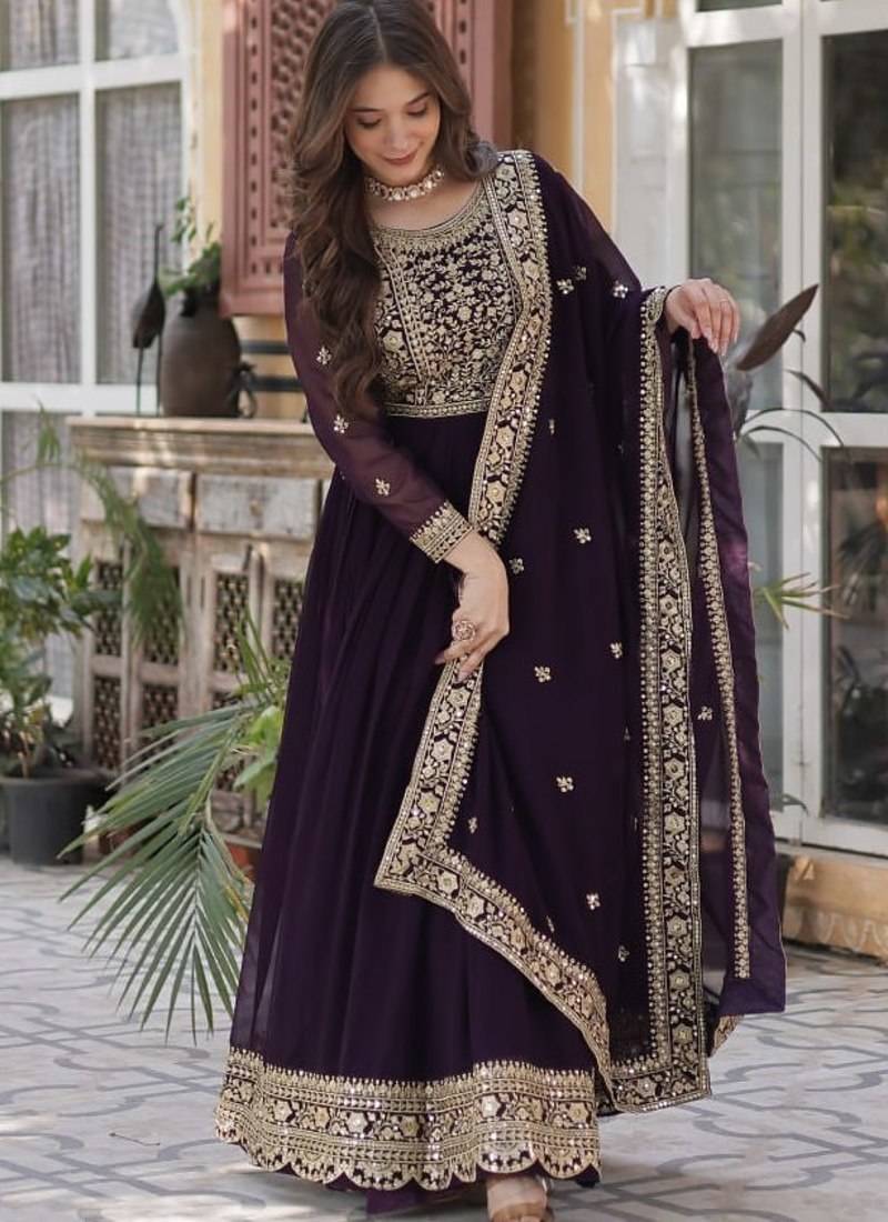 Wine Faux Georgette Wedding Wear Long Gown