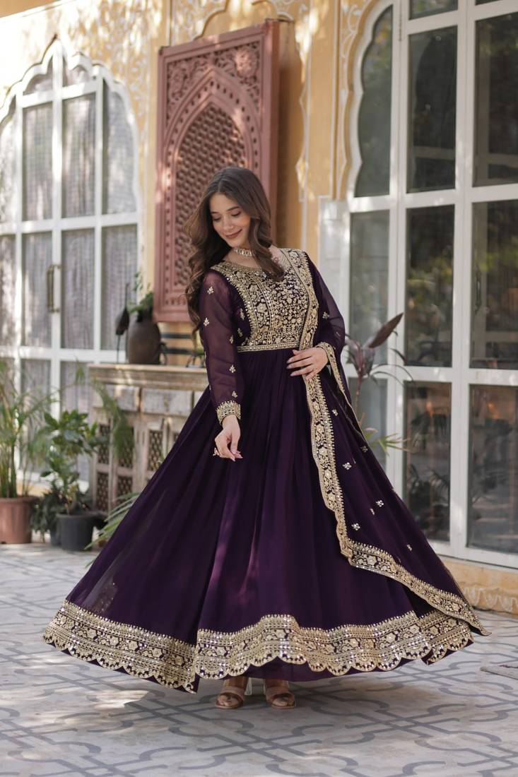 Wine Faux Georgette Wedding Wear Long Gown