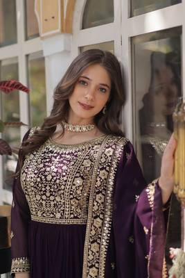 Wine Faux Georgette Wedding Wear Long Gown 5