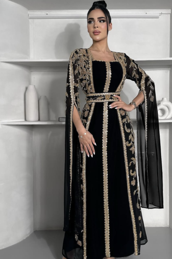  Black Embroidered Designer Stitched Kaftan | Premium Georgette Party Wear Dress for Women
