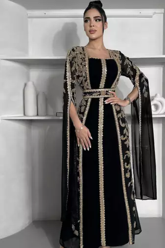  Black Embroidered Designer Stitched Kaftan | Premium Georgette Party Wear Dress for Women