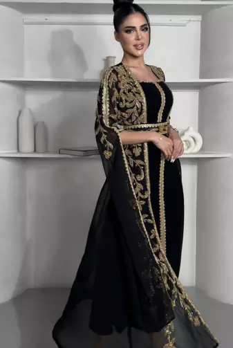  Black Embroidered Designer Stitched Kaftan | Premium Georgette Party Wear Dress for Women