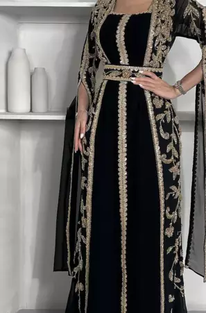  Black Embroidered Designer Stitched Kaftan | Premium Georgette Party Wear Dress for Women