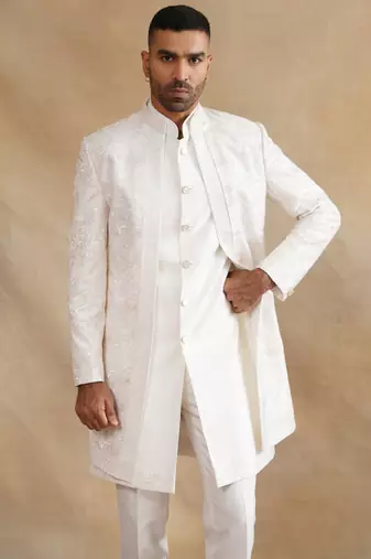 Ivory thread and sequins embroidered indowestern for men