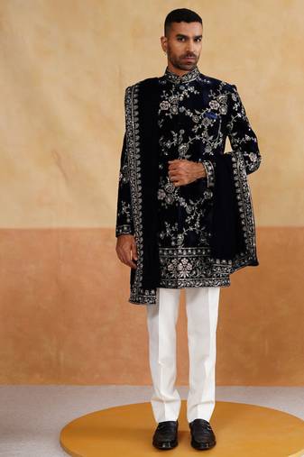 Navy velvet thread and sequins embroidered indowestern