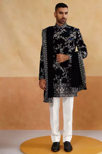 Navy velvet thread and sequins embroidered indowestern