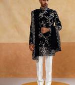 Navy velvet thread and sequins embroidered indowestern